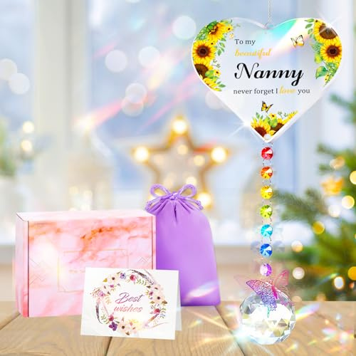 Focxoio Nanny Gifts, for Grandma from Grandchildren | Heart-Shaped Suncatcher Wind Chime Nana Gifts for Birthday, You Are My Sunshine Sunflower Presents for Grandma Nan Granny