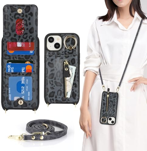 CAVOR Handykette Handyhülle kompatibel mit iPhone 15 Hülle Mit Band,Flip Leder Geldborse Handytasche,[4 Kartenfach][Ring Stander][Schnalle],Handyhülle zum Umhängeband - Schwarz Leopard