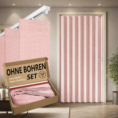 Jilron 100% Blickdichter Türvorhang – Faltbarer Akordion-Stil mit Magnetverschluss, Klebemontage ohne Bohren, inkl. Klebeschiene, Verdunkelung & Windschutz,Rosa, H201 x B106 cm