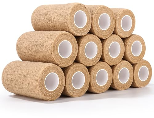 12 Roll Selbstklebender Verband 10cm x 4,5m Haftbandage Selbsthaftende, Elastische Bandage für Finger, Fixierverband Pet Vet Wrap Pferd Dog Bandagen(Hautfarbe)