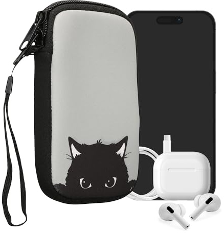 kwmobile Handytasche für Smartphones S - 4,5 - Neopren Handy Tasche Hülle Cover Case Schutzhülle - Neugierige Katze Grau Schwarz - 14,4 x 8,3 cm Innenmaße