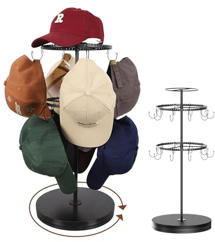 Keebofly Rotating Free Standing Hat Rack & Organizer Stand, 3-Tier Merchandise Display & Tabletop Baseball Cap Organizer Holds 40+ Caps, Portable for Vendor & Home Use in Bedroom, Closet, Entryway