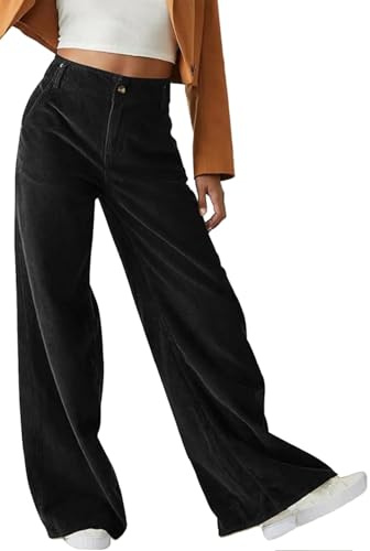 Yutdeng Pantalon Pana Mujer Pantalones Anchos Cintura Alta con Bolsillos Pierna Ancha Recto Palazzo Pantalón de Pana Mujer Largos Casuales Pantalón Ancho Invierno Otoño Elegante,Negro,L