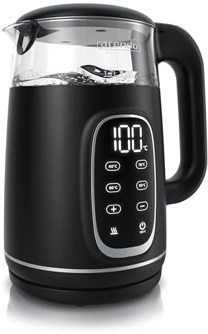 Arendo - Glas Wasserkocher mit Temperatureinstellung - Edelstahl - Doppelwand Design Cool Touch - Display im Gehäuse - Kabellos - 2200 W - 1,7L – Überhitzungsschutz – Warmhaltefunktion – schwarz