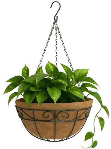 TECHZOCO Macetero de Coco Colgante, Maceta de Coco diseño Arabesco, Tiesto Colgar Flores, Fabricado en Fibra de Coco y Metal, Recipiente Pared para Flores, 30 cm diámetro x 13.5 cm Alto