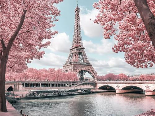 Pintar por Numeros Adultos flores de cerezo, Pintar por Numeros Niños con Marco Torre Eiffel, Kit de Pintura al óleo de Lienzo DIY para con Pinceles, Pigmento Acrílico, Decoración Hogar 80x60 Q-5007