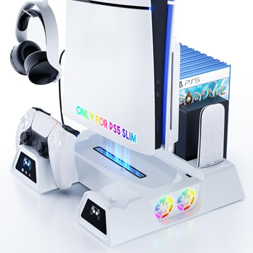 PS5 Slim Digital/Disc Stand and Cooling Station with Controller Charging Station for PlayStation 5, 3-Level Fan, 9 Game Slot, 1 Charging Ports, Headset Holder, for PS5 Slim Digital/Disc Only