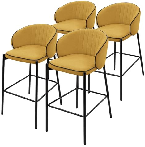 ML-Design 4x Taburetes de Bar Mostaza con Tapizado de Tela 76cm de Altura Sillas con Estructura Metálica, Asientos de Cocina con Respaldo y Reposapíes, Sillones de barra, Mueble de Mostrador de Bistro