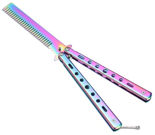 PLABBDPL 1pcs Peigne Entraînement, Sécurité Peigne Rotatif Papillon, Peigne Papillon Pliant, Peigne à Ressort Cheveux Tondeuse Métal Outil Peigne Couteau Papillon Style Papillon pour débutant (Coloré)