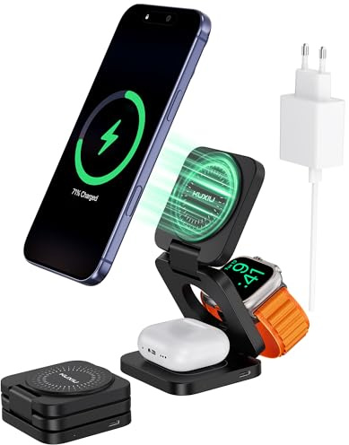 KU XIU X55 Turbo Station de Charge pour Apple, Qi2.2 25W Chargeur Induction | Pliable 3 en 1 Voyage Support, Chargeur sans Fil Magnétique pour iPhone 17-12/Watch/AirPods 45W Adaptateur Inclus, Noir
