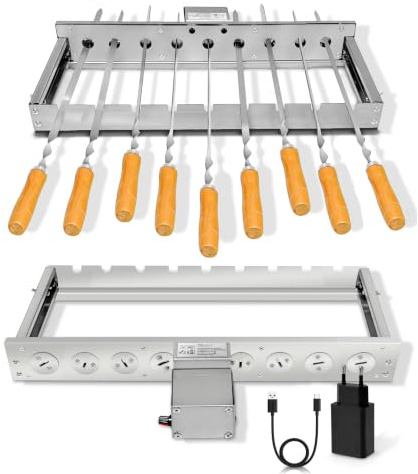 Andreas Dell Elektrischer Spießdreher BBQ Rotisserie Set mit regulierbaren Motor – Edelstahl Grillaufsatz für Gas-, Holzkohle- & Elektrogrill – verstellbar, breit 46 cm – 220V + USB (Mit 9 Spießen)