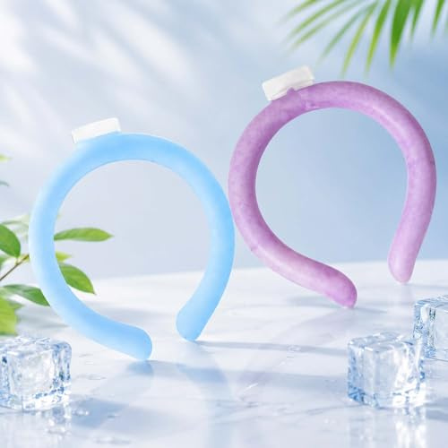 2 Pack Reusable Ice Neck Cooler Tube, Multicolor Leak-Resistant TPU Cooling Neck Ring, Summer Heat Relief Accessory for Camping Sports Gardening (Blue + Purple)
