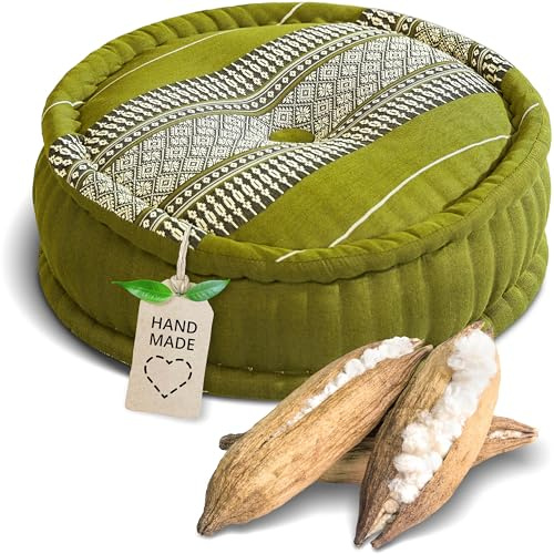 livasia Meditationskissen - Ø 38x15cm - Yogakissen mit Kapokfüllung, Pouf, Bodenkissen rund für Yoga und Zen Meditation, Zafukissen für Garten und Balkon, Sitzkissen handgemacht (Grün)