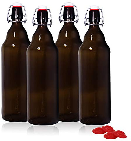 YEBODA Botellas de cerveza de vidrio ámbar de 32 onzas para elaboración casera con tapas abatibles, caja de 4