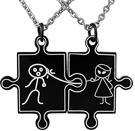 Hanessa 2 Stück Personalisierte Kette mit Gravur Edelstahl mit Anhänger Puzzle Teil in silber schwarz gold - Personalisierte Geschenke für Damen Herren Freundin Freund - Partner Halskette Sie Ihn
