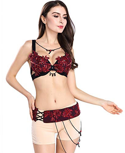 ROYAL SMEELA Bauchtänzerin Kostüme für Frauen Sexy Bauchtanz BH und Gürtel Set BH Top Hüftgürtel Karneval Outfit Bauchtanz - Rot - Mittel
