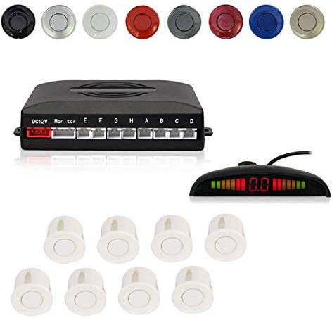 Voiture Système Radar de Recul, Cocar Buzzer Radar Parking Kit LED Écran avec Distance Affichage + 8 Capteurs + Avertissement sonore(Blanc)