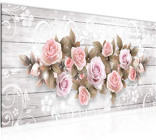 Runa Art Wandbild Blumen Rosen 1 Teilig 100 x 40 cm Modern Bild auf Vlies Leinwand Holz Vintage Wohnzimmer Beige 022312b