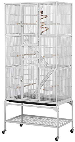 Yaheetech Gabbia Voliera per Uccelli Pappagalli Grande Inseparabili Calopsite in Metallo e Legno con Piedistallo Ruote Giocattolo Gabbia per Conigli Nani Criceti Gatti Bianca 77 x 46 x 175,5 cm