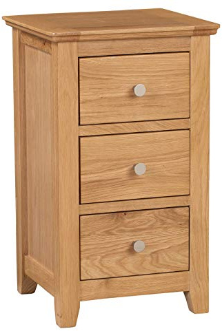 Hallowood Furniture Hereford Oak 3 Drawer Bedside Table, Brushed Steel Knob | Solid Wooden Narrow Side Table for Small Spaces, Pre-Assembled Bedside Cabinet with Storage Drawers for Bedroom, Living Room