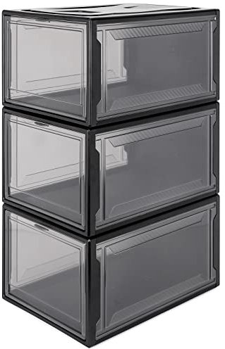 Yorbay Schuhbox, 3er Set, stapelbarer Schuhorganizer, Kunststoffbox mit durchsichtiger Tür, Mehrweg Schuhaufbewahrung, für Schuhe bis Größe 48, Schwarz