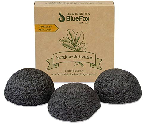 BlueFox Konjac - Set di 3 spugne in carbone attivo per la pulizia del viso per pelli impure e miste, spugna per il viso, per la cura del viso, per il trucco, spongesso biologico