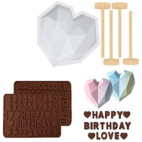 Molde en forma de corazón apto para chocolate de 21,9 cm (aproximadamente 21,9 cm), molde grande de silicona para tartas, 2 moldes de letras y 4 martillos apto para el día de San Valentín