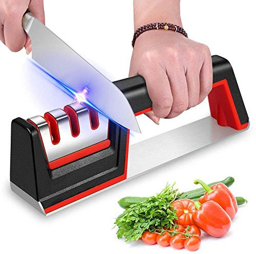 Iwinna Kitchen Knife Sharpeners, Knife Sharpener 3-Stage Manual Knife Sharpening Tool with Diamond Coated, Tungsten Steel and Ceramic Rod