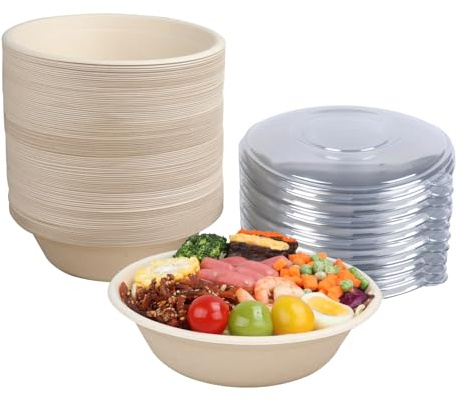 JAYEEY 32 oz Disposable salad bowls with lids, Sugarcane Fiber Paper Bowls take away food containers Plant Fibers Freezer Safe 50 Pack
