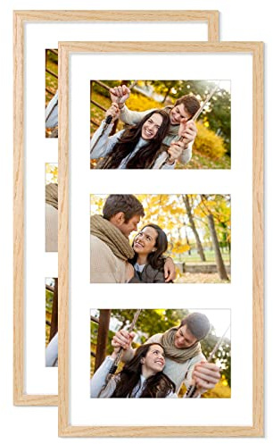ATOBART 19x38 cm Mehrfach Bilderrahmen,Bildergalerie Collage Galerie Urkunde Dokumente, Fotogalerie mit Passepartout und 3 Foto-Ausschnitten für Fotos 3-10 x 15 cm,Eiche 2er Set