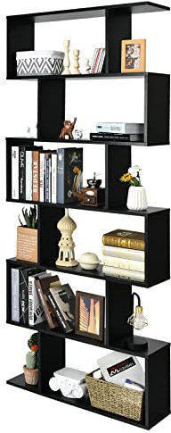 GOPLUS Bücherregal mit 6 Ebenen, Stufenregal aus Holz, Raumteiler Regal mit Kippschutz, Standregal Büroregal für Wohnzimmer, Büro, 80 x 23 x 191cm (Schwarz, 6 Ebenen)