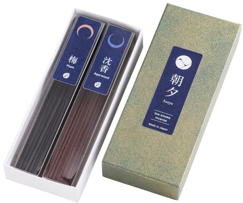 Asayu Japan Räucherstäbchen Natur mit wenig Rauch, Hergestellt in Japan, 40g hochwertiges Doppelpack zur Entspannung - Natur Räucherwerk Set (Pflaume und Adlerholz)