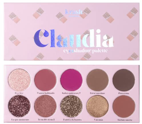 KRASH KOSMETICS Paleta de Sombras eyEXshadow Claudia - 10 Sombras Ultra Pigmentadas Mate Shimmer Glitter - Color Nude Morado Rojo Rosa Granate Dorado - Incluye Espejo - Vegano y Cruelty Free