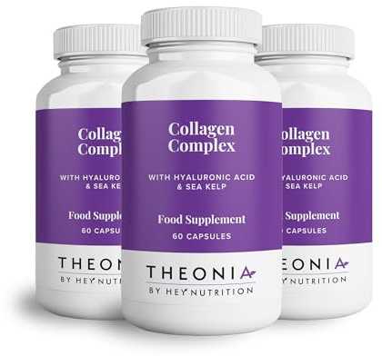 Theonia Collagen Complex Hyaluronic Acid & Sea Kelp Vitamin E, C, Biotin - Healthy Nails, Skin, Hair Joints Metabolism - Type 1 Marine Supplement - 3 Pack - Non GMO, 180 Capsules