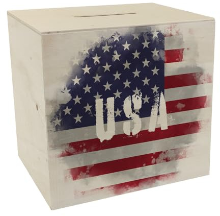 Spardose aus Holz USA-Flagge im Used Look - Sparschwein für Urlauber eine schöne Sparbüchse mit der vereinigten Staaten Nationalflagge verziert um auf die Reise zu sparen