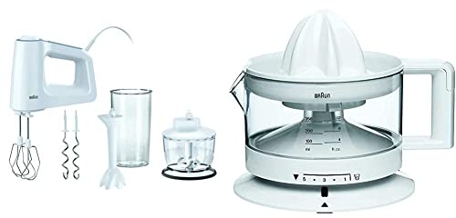 Braun HM3135 MultiMix 3, Batteur avec Fouet et Pétrin amovibles, 500 W, 5 vitesses réglables,Blanc & CJ3000 TributeCollection Presse Agrumes Electrique, Rotation Multidirectionnelle, 350 ml