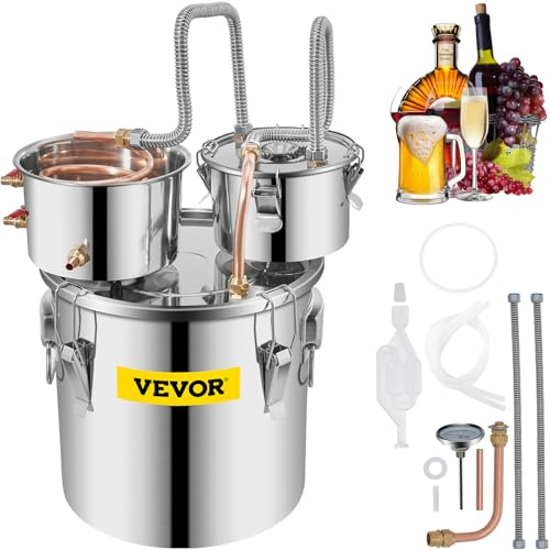 VEVOR Alambicco Distillatore 3Gal / 11,4L Alambicco per Grappa in Acciaio Inox e Rame Rosso Distillatore Acqua con Due Fusti Alambicco Oli Essenziali Kit per Produzione di Vino Whisky Brandy Vodka