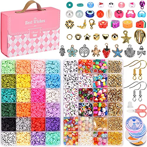 Polymer Clay Perlen Set AUHOU 7116 Flache Runde Tonperlen mit Buchstabenperlen, neue gefrostete Perlen Heishi Perlen Vinyl Scheiben Lose Perlen für Schmuckherstellung, Armband, Halskette DIY