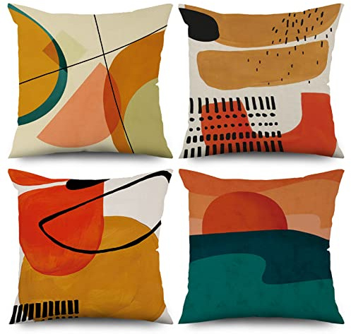 ASDCXZ 4 stycken örngott boho 40 x 40 cm, modern abstrakt konst sol linje färg grön dekorativ kudde örngott tvättbar polyester lin textil stoppning örngott