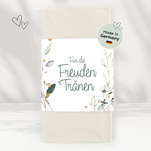 50 Freudentränen Taschentücher Banderolen inkl. Klebepunkte für deine Hochzeit | floral - Premium Tränentaschentücher Banderolen Set für Hochzeit, Kirche, Feier, Taufe, Geburtstag