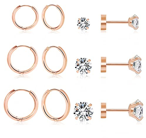 6 Paar Ohrringe Gold Set Hypoallergene 316L Chirurgenstahl Edelstahl Ohrringe Golden Creolen für Damen, Medizinische Flatback Ohrstecker Klein Helix Tragus Knorpel Piercing Ohr Schmuck Set
