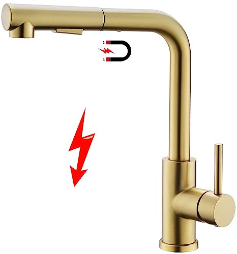 Tohlar Robinet de cuisine basse pression doré, amature de cuisine dorée extensible basse pression avec douchette magnétique, robinet de cuisine en acier inoxydable 3 ports, 2 types de jets, robinet