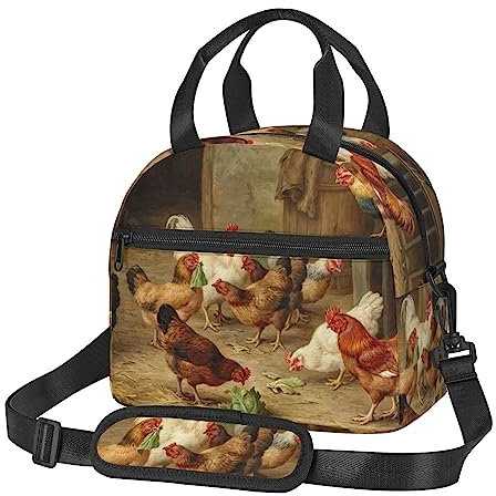 PIXOLE Bolsa de almuerzo aislada, bonito organizador de almuerzo, la bolsa de almuerzo portátil para todos, pollo asado, gallina, granja impresión