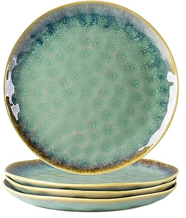 Henten Home Ceramic Dinner Plate Set, 11 Inch Porcelain Pizza, Pasta, Salad Plates, Irregular Shape Steak Plates Set of 4, Stoneware Serving Dishes for Kitchen (Green)