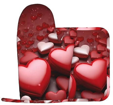 Set di 2 guanti da forno e presine, resistenti al calore, per San Valentino, cuori, guanti da forno con cuscinetti caldi per forno, giardino, accessori essenziali per la festa del lavoro