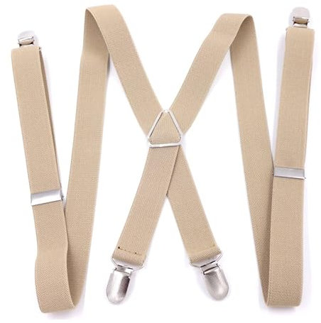 QESSUVNC Hosenträger für Herren Starken Herren Hosenträger schmal 2,5 cm 4 Metall Clip Lang Einheitsgröße für Männer und Damen Einstellbar Länge für Damen Buro und Elastisch X Style (Beige)