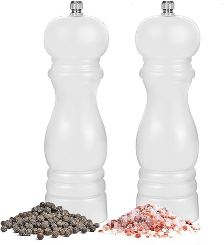 Salt and Pepper Grinder Set of 2, Refillable Pepper Mill & Salt Grinder with Adjustable Coarseness Ceramic Rotor, 6.5 inch Manual Wooden Spice Grinding Shaker, for Sea Salt Peppercorns Chilli, White