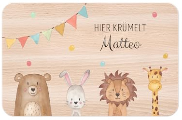 wunderwunsch - Individuelles Holzbrett mit Hochwertigem UV-Druck für Kinder - Personalisiertes Frühstücksbrettchen - Niedliche Motiv-Brettchen mit Namen und Tieren