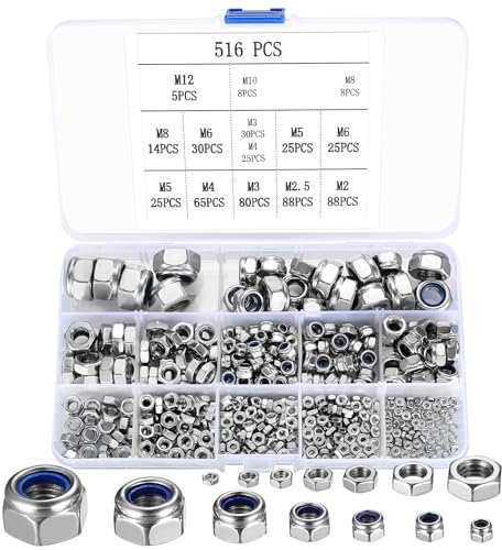 516 Pcs Nylock Nuts, Self Locking Nuts, Nylon Insert Lock Nuts, Stainless Steel Hex Nuts, Thread Hexagon Nuts with Nylon Inserts for Bolts, Screws, Components, M2 M2.5 M3 M4 M5 M6 M8 M10 M12 (银色)
