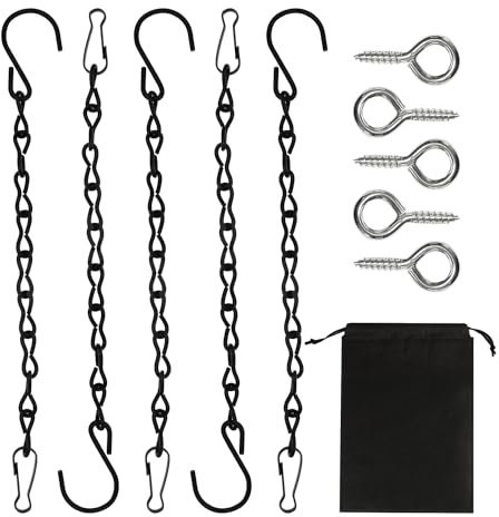 OAAO 5 Pieces of Black Steel Chains with 5 Pieces of Screw Hooks, 1 Piece of Black Non-Woven Bag, Hanging Bird Feeder with S Hook and Carabiner, Metal Chain Hook, Flower Pot Chain